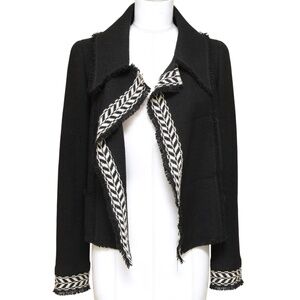 CHANEL Black Jacket Blazer Ivory Jacquard Long Sleeve Chain Sz 34 VINTAGE 2004
